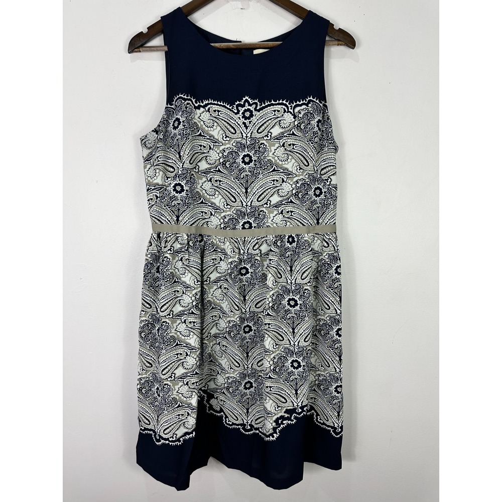 LOFT Paisley Fit and Flare Dress Womens Size 10‎ Navy Office Chic Preppy Classic